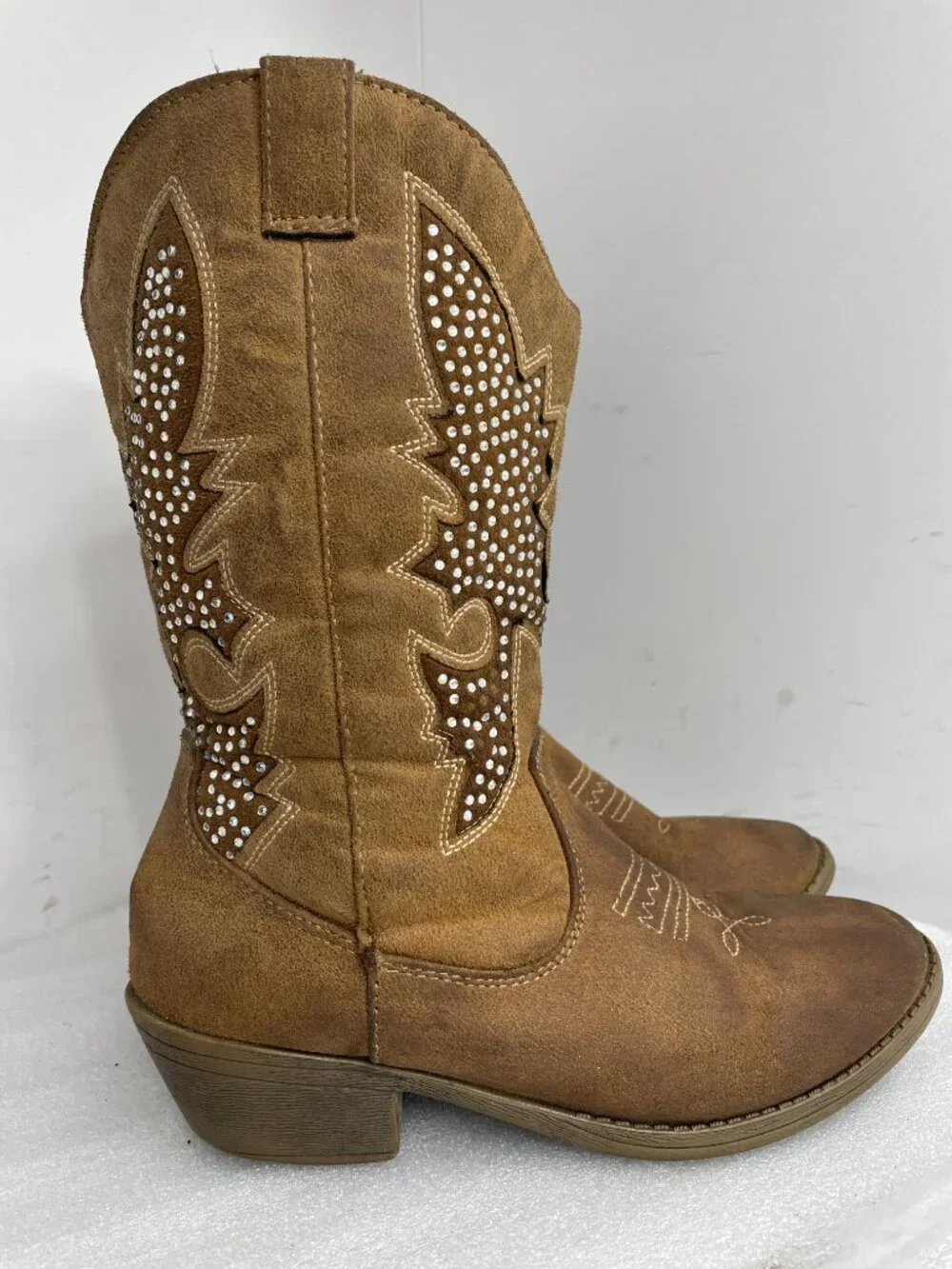 Justice Rhinestone Glitter Brown Faux Leather Cowgirl Western Boots Girls 7